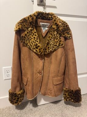 Vintage Marvin Richards Y2K Brown Suede Jacket with Leopard Faux-Fur Trim